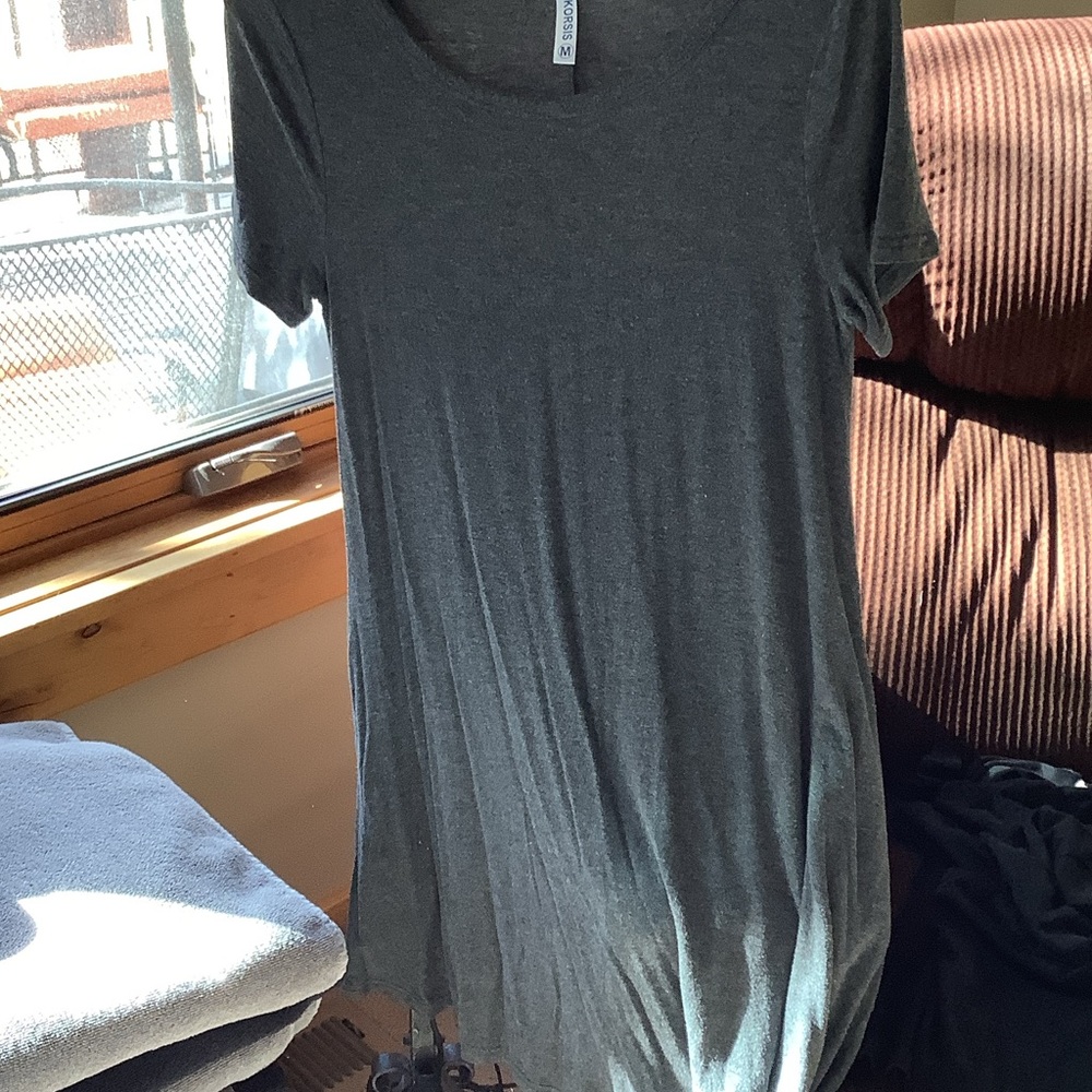 Classic V-Neck Short Sleeve Tee Dress - Charcoal Gray
